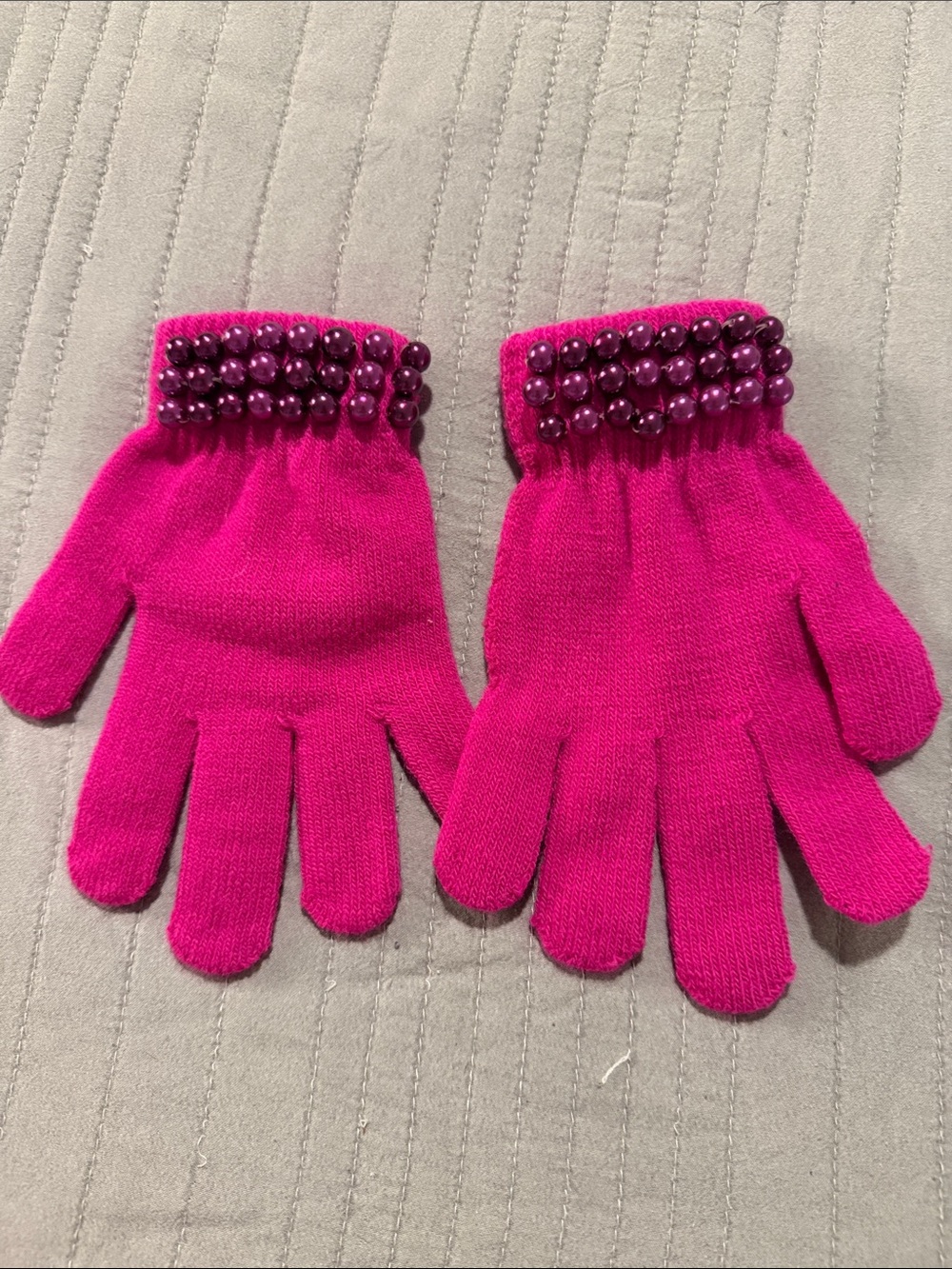 Kids Pink Beaded Knit Gloves